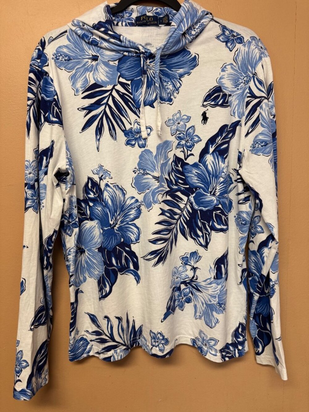 Polo Ralph Lauren Hoodie Mens M Blue Hibiscus Floral Tropical Long Sleeve